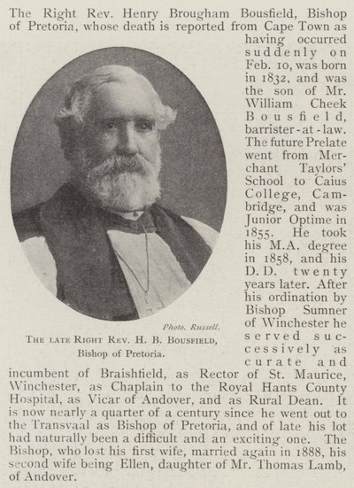 The late Right Reverend H B Bousfield, Bishop of Pretoria by English Photographer