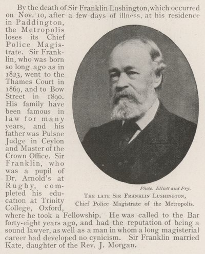 The late Sir Franklin Lushington, Chief Police Magistrate of the Metropolis by English Photographer