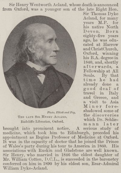 The late Sir Henry Acland, Radcliffe Librarian, Oxford by English Photographer