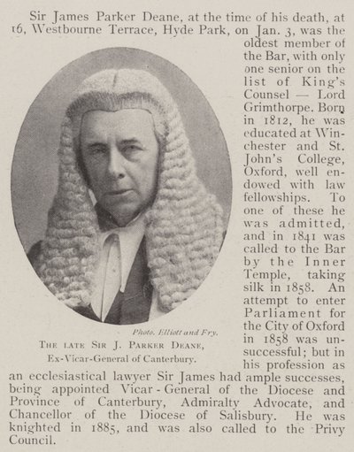 The late Sir J Parker Deane, Ex-Vicar-General of Canterbury by English Photographer