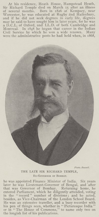 The late Sir Richard Temple, Ex-Governor of Bombay by English Photographer