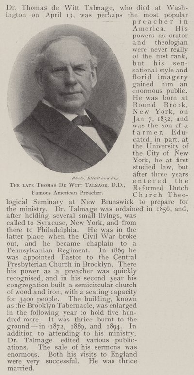 The Late Thomas de Witt Talmage, DD, Famous American Preacher by English Photographer