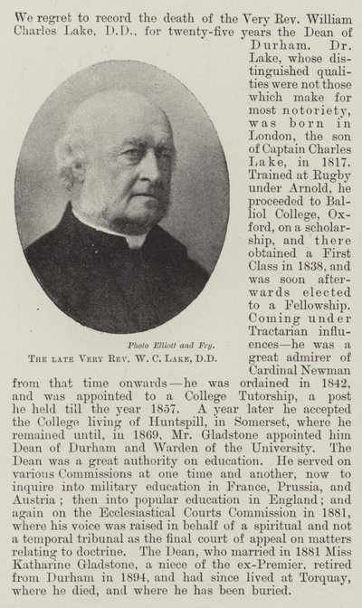 The Late Very Reverend W C Lake, DD by English Photographer