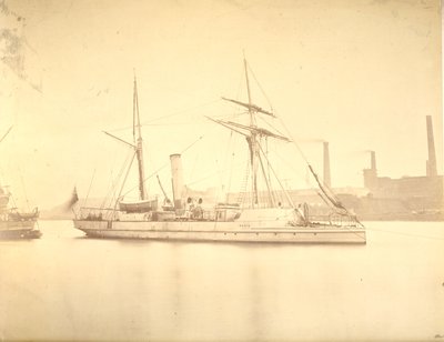 The starboard side of the gunboat Delta moored in the River Tyne, c.1876 by English Photographer
