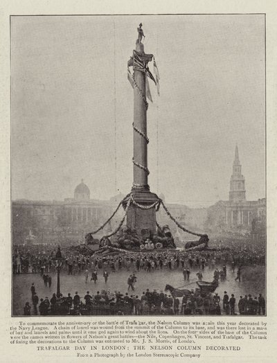 Trafalgar Day in London, the Nelson Column Decorated by English Photographer