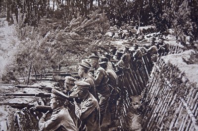 WWI Russian troops in a trench on the Dvina River front, September 1917 by English Photographer