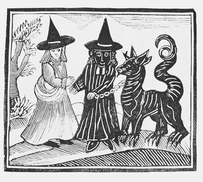 A Black and a White Witch with a Devil Animal, illustration from a collection of chapbooks on esoterica by English School