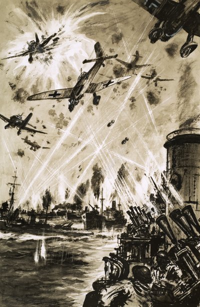 A British convoy in World War II under attack from German Stukas by English School