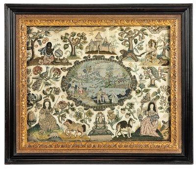 A Charles II Needlework Picture of Africa and the New World, c.1660-70 by English School