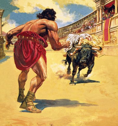 A Christian Girl Tied to the Back of a Bull by English School