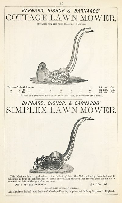 A Cottage and Simplex lawnmower, illustration from a gardening catalogue, published by Barnard Bishop & Barnard, 1878 by English School