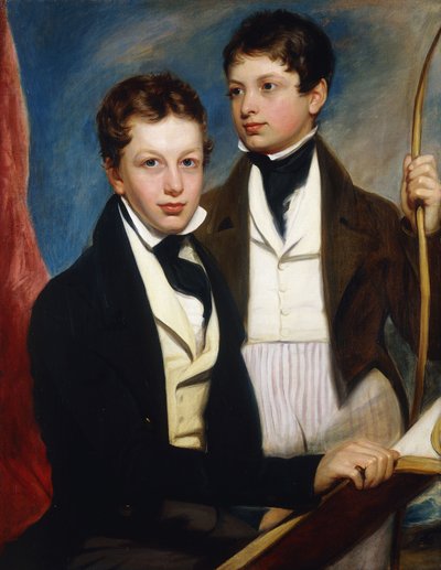 A Group Portrait of the Musgrave Morris Boys, One Seated Half-Length in a Dark Jacket, Holding a Book, the Other Standing Three-Quarter Length in a Dark Jacket, Holding a Bow by English School
