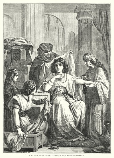 A Hebrew Bride Being Attired in Her Wedding Garments (engraving) by English School