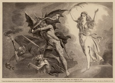 A Hope for the New Year, the Spirit of Peace Driving Away the Demons of War (engraving) by English School