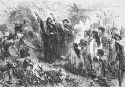 A Jesuit Missionary preaching to a tribe of Indians by English School