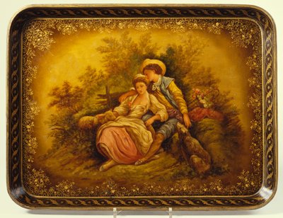 A Mid-Victorian Black Gilt and Mother of Pearl Japanned Papier-Mâché Tray Decorated with a Shepherdess and Lamb with a Young Man by English School