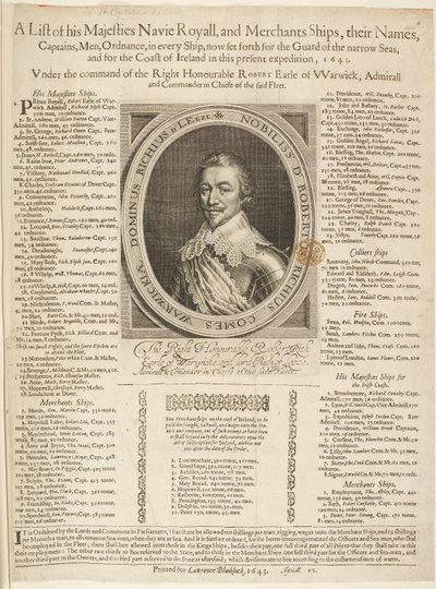 A Naval Shipping Listing with Portrait of the Earl of Warwick by English School