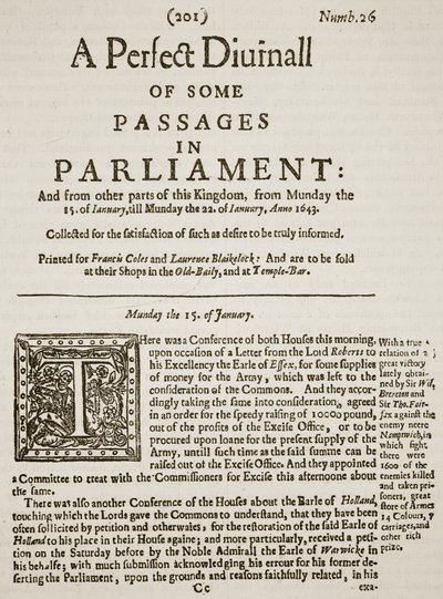 A Perfect Diurnall, facsimile of the Front Page of Issue 26, 1643, illustration from Cassell