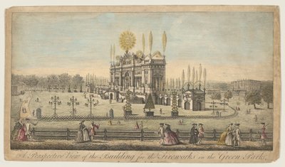 A Perspective View of the Building for the Fireworks in the Green Park, London by English School