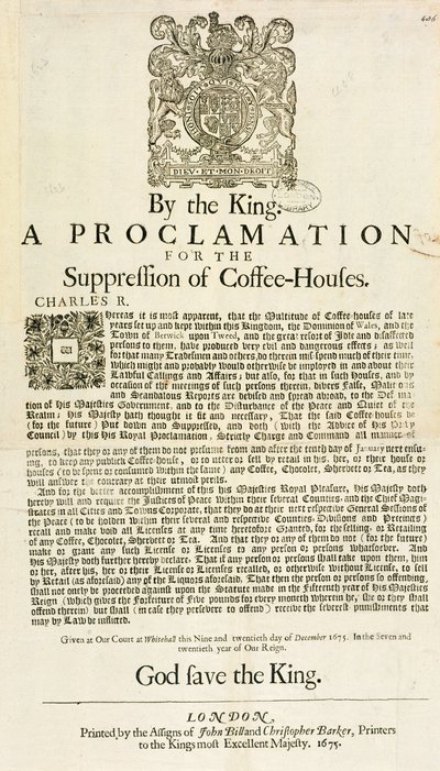 A Proclamation by the King, for the Suppression of Coffee Houses by English School