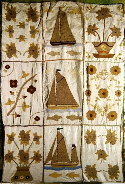 A Quilted Bed Spread of Sailing Ships and Flowers by English School