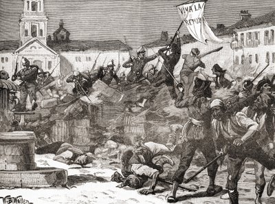 A Republican insurrection in Malaga, Spain during The Glorious Revolution (La Gloriosa) by English School
