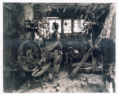 A Typical Weavers loft of the Early Industrial Revolution by English School