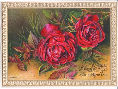 Victorian Christmas and New Year Card with Two Large Red Roses by English School