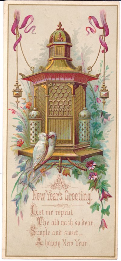 A Victorian Christmas card depicting an elaborate birdcage with a pair of lovebirds, circa 1880 by English School