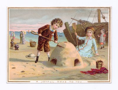 Victorian Christmas Card of a Boy Building a Sand Castle on a Beach, c.1880 by English School