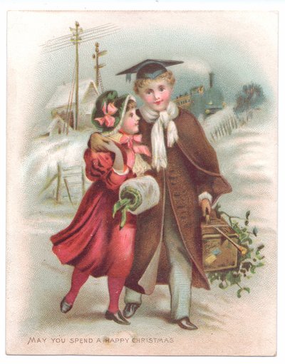 Victorian Christmas Card of a Boy Wearing a Mortarboard with His Arm Round a Girl Walking Through the Snow, c.1880 by English School