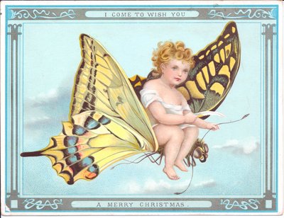 A Victorian Christmas card of a child flying on a butterfly by English School