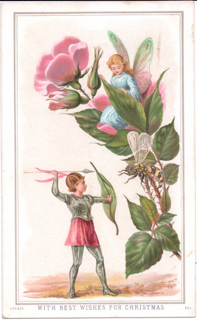 A Victorian Christmas card of a fairy sitting on a rose and another fairy throwing a spear at a wasp, c.1880 by English School