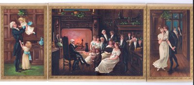 A Victorian Christmas card of a father and his children, a father telling a story to a family group and a gentleman trying to kiss a lady under the mistletoe by English School
