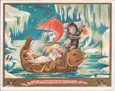 Victorian Christmas Card of a Girl Fairy Asleep in an Ornate Dolphin Boat on a Frozen Sea While a Boy Fairy is Holding a Lamp, c.1880 by English School