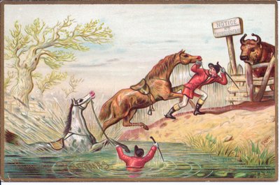 Victorian Christmas Card of a Horse Thrashing in the Water While the Other is Pulled Ashore by His Rider by English School