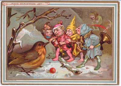 A Victorian Christmas card of a party of elves carrying musical instruments and gazing at a bewildered robin, c.1880 by English School