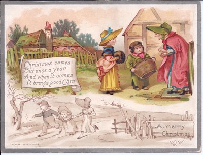 Victorian Christmas Card of an Elderly Woman with Two Children at a Farm, c.1880 by English School