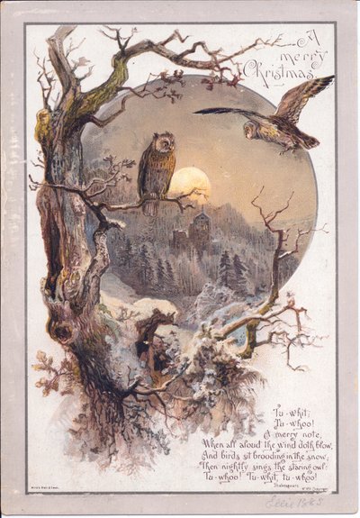 Victorian Christmas Card of an Owl Perched on a Branch on a Moonlit Night, c.1880 by English School
