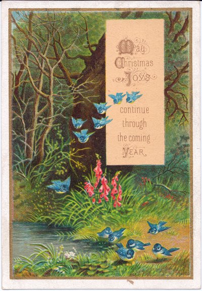 Victorian Christmas Card of Blue Birds in a Woodland Setting, c.1880 by English School