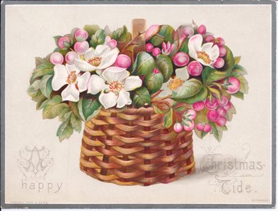 Victorian Christmas Card of Flowers and Leaves in a Wicker Basket, c.1880 by English School