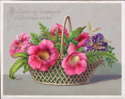 Victorian Christmas Card of Flowers in a Wicker Basket, c.1880 by English School