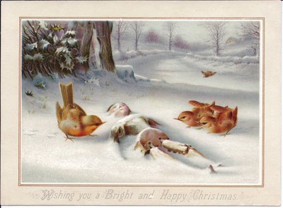 A Victorian Christmas Card of Robins Looking at a Wooden Puppet in the Snow, c.1880 by English School