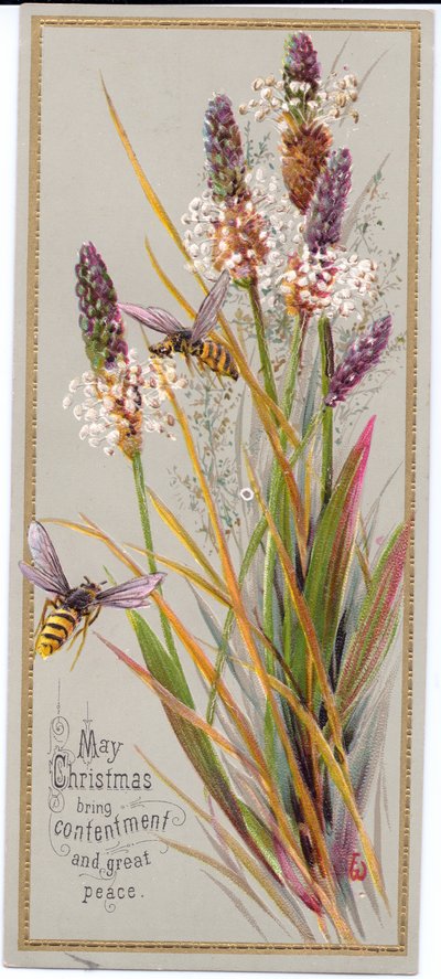 A Victorian Christmas Card of Two Bees Amongst Tall Grasses (c.1880) by English School
