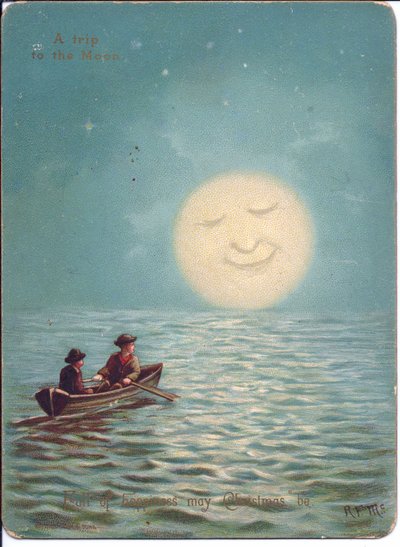 A Victorian Christmas Card of Two Boys in a Rowboat on a Moonlit Night, c.1880 by English School