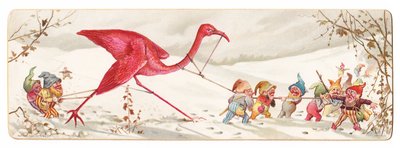 A Victorian Christmas Card Showing a Malicious Party of Elves Leading Away a Captured Flamingo in the Snow, c.1880 by English School