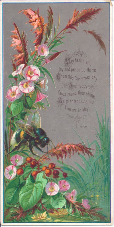 A Victorian New Year card of a bee hovering over flowers by English School