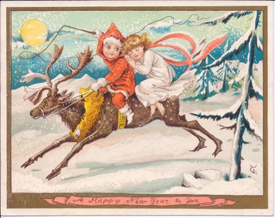 Victorian New Year Card of a Girl and Boy Fairy Astride a Reindeer on a Moonlit Snowy Night, c.1880 by English School