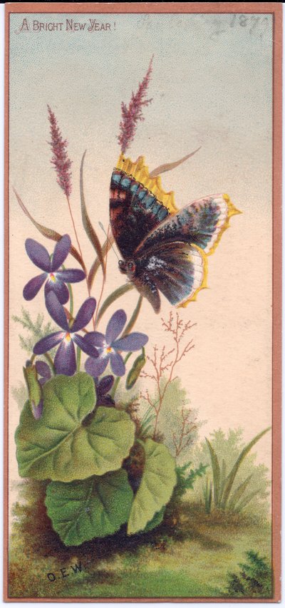 A Victorian New Year card of violets and a butterfly, circa 1880 by English School