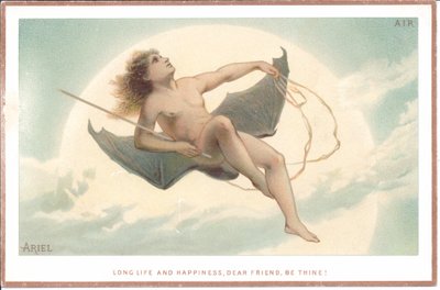 A Victorian Card of a Naked Man Holding a Rod and Sitting on a Pair of Huge Bat Wings Flying through the Clouds, c.1880 by English School